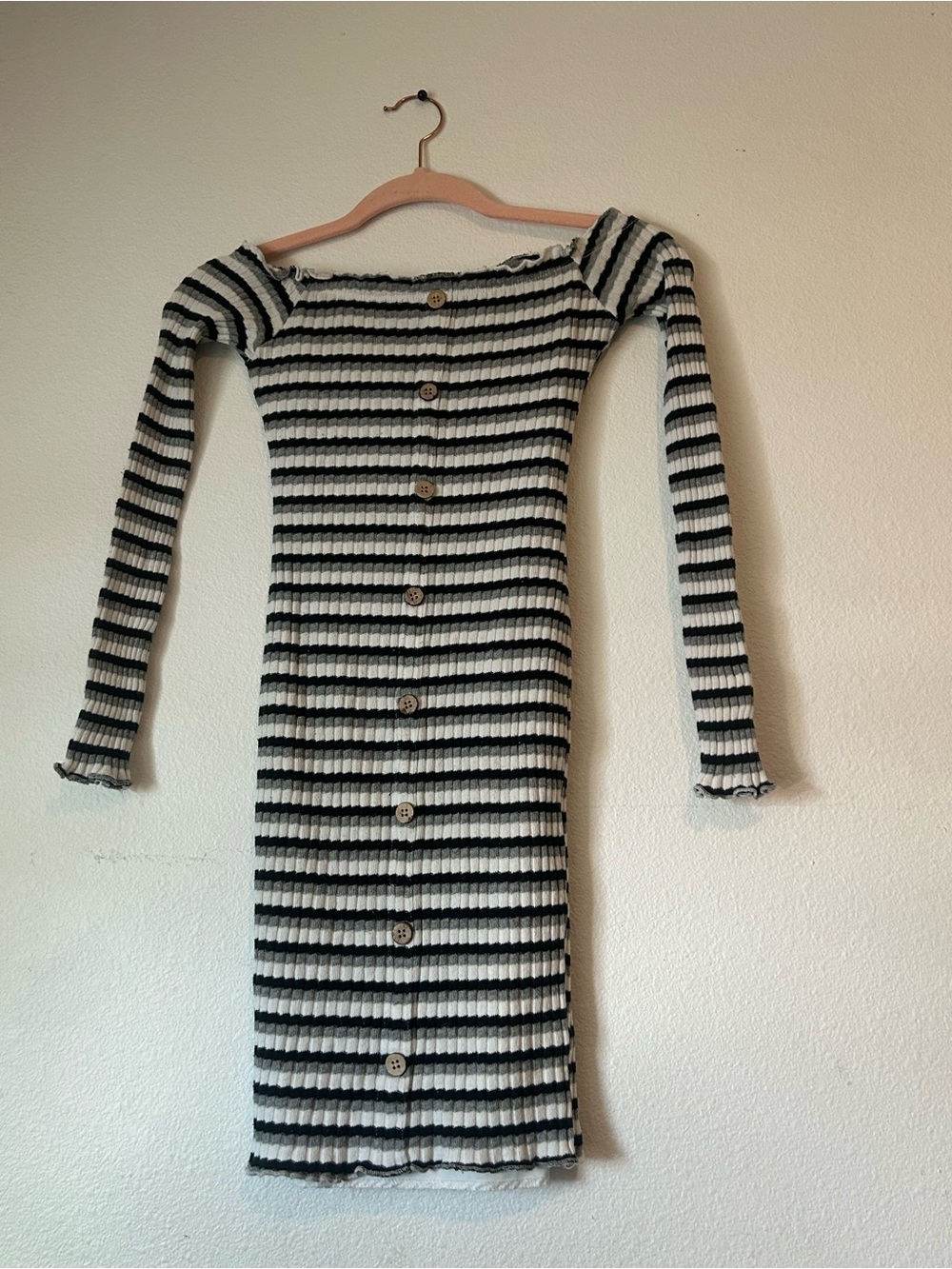 Rue21 Black & White Striped Off-Shoulder Button-Front Long Sleeve Dress